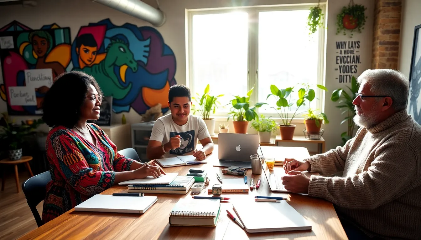 a creative workspace with diverse individuals collaborating on projects.